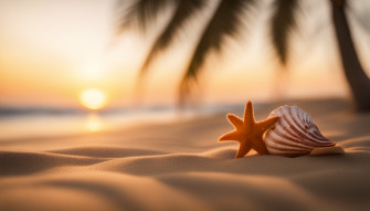 A Vibrant And Serene Image Of Beach At Sunset Capturing The Warm Hues Setting Sun Gentle Waves Rolling Onto Shore Palm Trees Swaying In Breeze Incorporate Elements Summer Aesthetics Such As Seashells Tropical Flowers Colorful Towel For Truly Relaxing Rejuvenating Scene