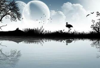 Wallpaper Moon Flamingo River Tree Silhouette Reflection Desktop