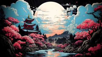 Japanese Temple Illustration Laptop Full HD 1080p 4k Wallpaper Image