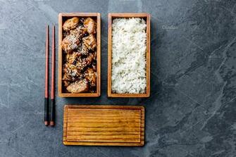 Japanese Food Chicken Teriyaki With Rice In Wooden Bento Lunch