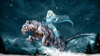 Wallpaper Tiger Girl Snow Smile Winter Full HD 1080p