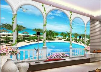 Customized Wall Paper Beachfront Resort 3d Mural Backdrop