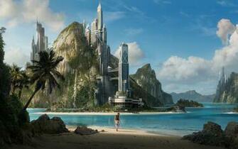 Beach Man Building Sci Fi Made Cities Cloud Mountain Wallpaper