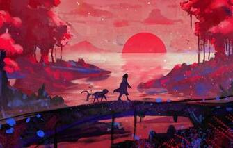 Wallpaper Forest Trees Landscape Bridge Sunset Art Figure