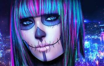 Wallpaper Eyes Look Girl Face Skull Makeup Art Cyberpunk