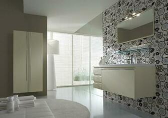 Modern Style Bathroom Made With Waterproof Wallpaper And Mirrored Wall