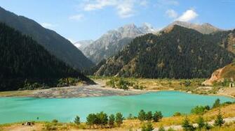 Wallpaper Lake Issyk Kul Kyrgyzstan Mountains Forest 4k