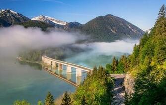 Wallpaper Road Forest Trees Mountains Bridge Fog Lake