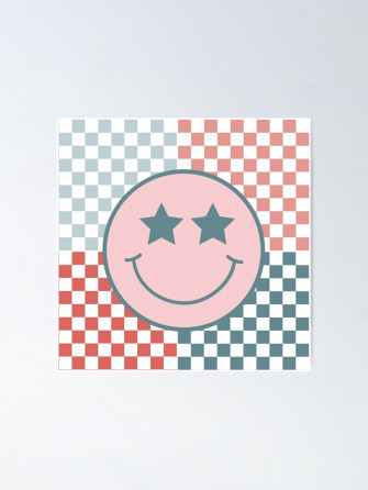 Preppy Smiley Face On Pastel Pink And Blue Checker Board Poster