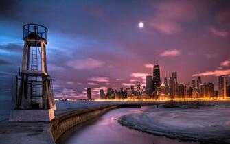 Chicago Winter Ice Jetty Lighthouse Lakes Night Lights Architecture