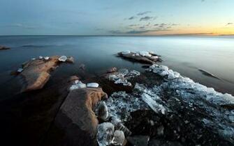 Siberian River Ice Rock Sunset Wallpaper