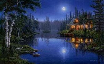 Serenade Mark Daehlin Forest Lake House Night Painting Wallpaper