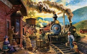 Wide Screen Station Engine Railroad Train Artwork Painting