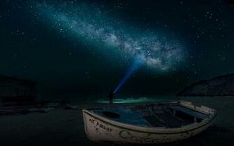Sandy Beach At Night Time Boat Sky Star Digital Art