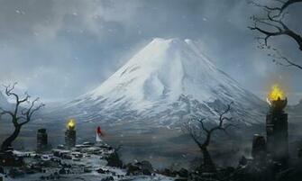 Art Mountain Peak Snow Girl Ginger Fire Stones Blizzard Wallpaper