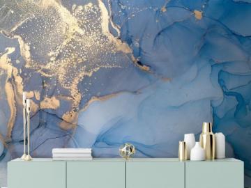 Blue Gold Look Marble With Splash Wallpaper Mural