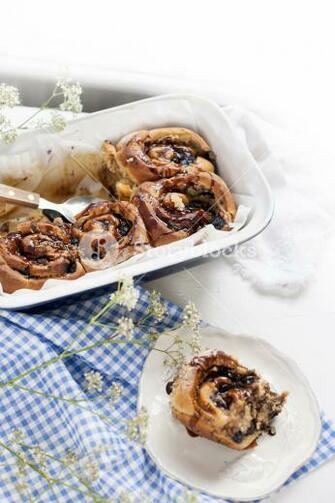 Cinnabon With Chocolate Homemade Pastries In A Baking Dish On