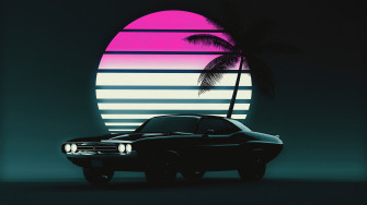 Muscle Car Vintage Retrowave Sunset Neon 4k Wallpaper iPhone HD