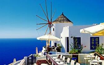 Wallpaper Santorini Greece White Houses Blue Sea Sunshine