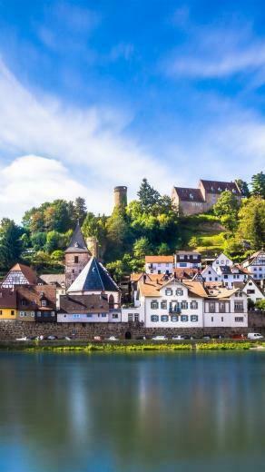 Germany Hessen Hirschhorn Houses Town River Blue Sky