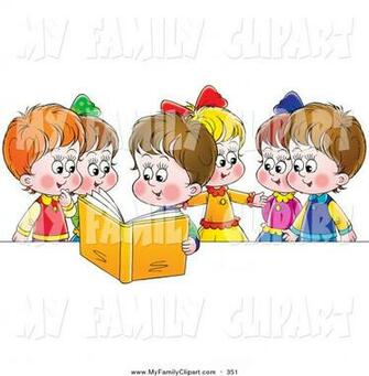 Clip Art Of A Happy Girl Reading Book Out Loud To Her Friends On