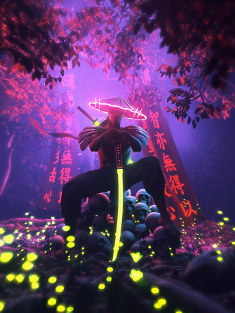 Neon Samurai On Artwork Art
