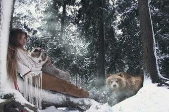 Light Women Winter Forests Dogs Bears Wallpaper