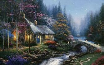 Cottage Bridge Lanterns Autumn Twilight Thomas Kinkade