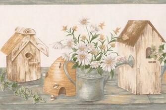White Chamomile Flowers Birdhouses Farmhouse Wallpaper Border