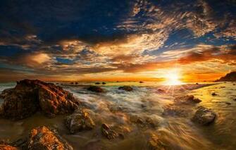 Wallpaper Sea Beach The Sky Sun Clouds Rays Stones Dawn