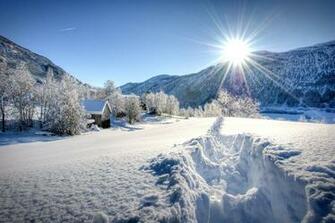 Snow Trees Rays Of Light Sun Natur Rustic Farm House Barn Wallpaper