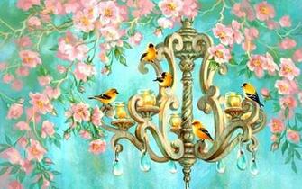 Birds Chandelier Pink Flowers Wallpaper