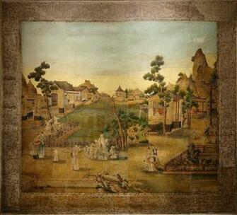 Sections Of Chinese Wallpaper Framed With A Faux Bamboo Trelliswork