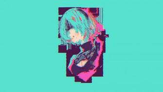 Green Haired Female Anime Character Illustration Vaporwave 2b
