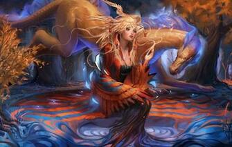 Wallpaper Forest Girl Birds Magic Dragon Wings Being