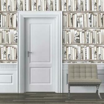 Muriva Encyclopedia Bookcase Wallpaper In Cream