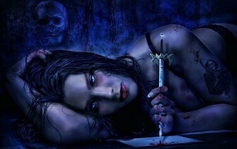 Dark Horror Gothic Fantasy Women Vampire Mood Weapons Knife Wallpaper