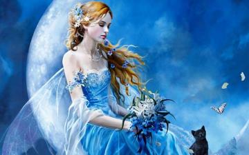 Fairy Cat Butterflys Flowers Wallpaper