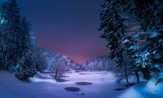 Night Landscape Snow Ice Winter Trees Nature HD