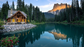 Reflection Mountains Lake House Calm Trees Wallpaper