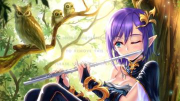 Elf Girl Beautiful Flute Anime Owls Cute