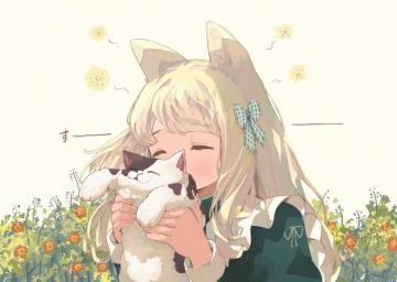 Blonde Anime Cat Girl With Kitty Wallpaper