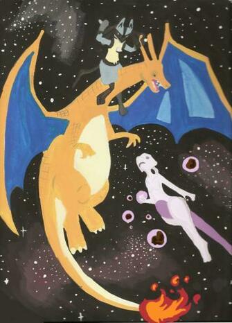 Lucario Vs Mewtwo And Charizard In Space By Inkyskies
