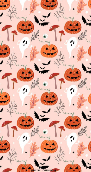 Pumpkin Face And Ghost Halloween Phone Wallpaper Pink