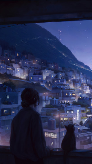 Anime Girl Cat Art Night Scenery Wallpaper iPhone Phone 4k 1310f