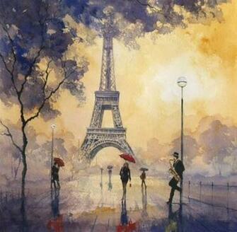 Cute Girly Love Painting Paris Rain Wallpaper Image