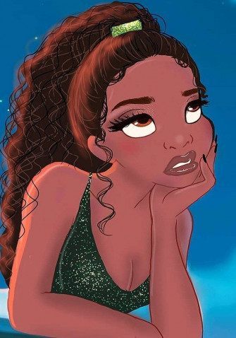 A Cartoon Of Girl With Long Hair And Green Dress
