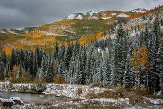 Utah Fall Mountains Trees Water Snow Winter Autumn Wallpaper