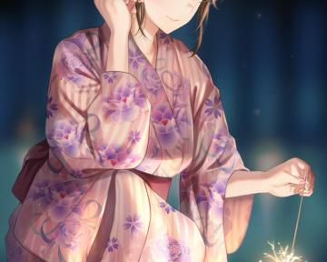 Pretty Anime Girl Yukata Festival Sparkle
