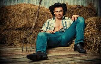 Wallpaper Jeans Hat Hay Shirt Cowboy Guy Pitchfork Image